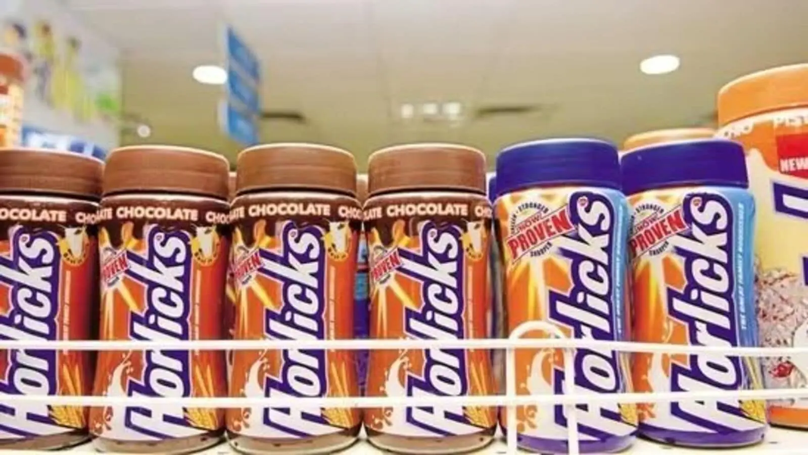 Various health drink products like Horlicks, Complan, and Bournvita